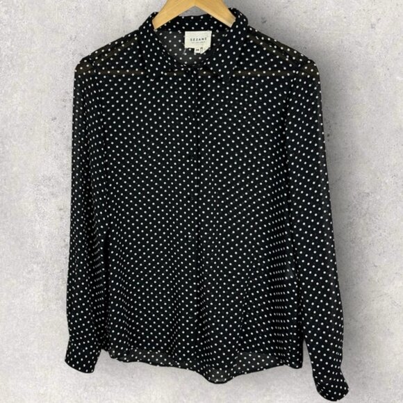 Sezane Black Tomboy Shirt Sheer Blouse Size 36 French US 4 Polka Dot Collared - Picture 10 of 12